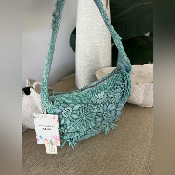 NWT Viral Blue Beaded Shoulder Bag w/ Flower Detail Handcrafted in India - Picture 9 of 10